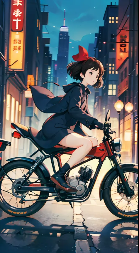 Best image quality, outstanding detail, super high resolution, (realism: 1.4), best illustration, prefer details, riding a motorcycle, the background is a high-tech lighting scene of a futuristic city, black coat, red ribbon, Kiki, Gigi,