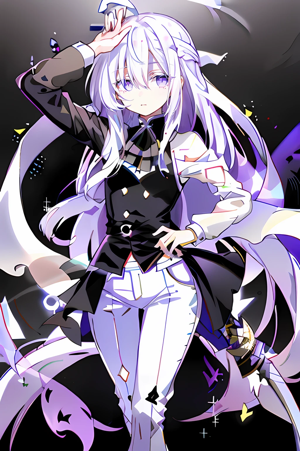 adolable，Young girls，long  white hair，hair straight，voluminous hair，Light purple eyes，The eyes have reverse cross lines，White top，black long pants，long trousers，Black waist seal，black long boots，Long sword