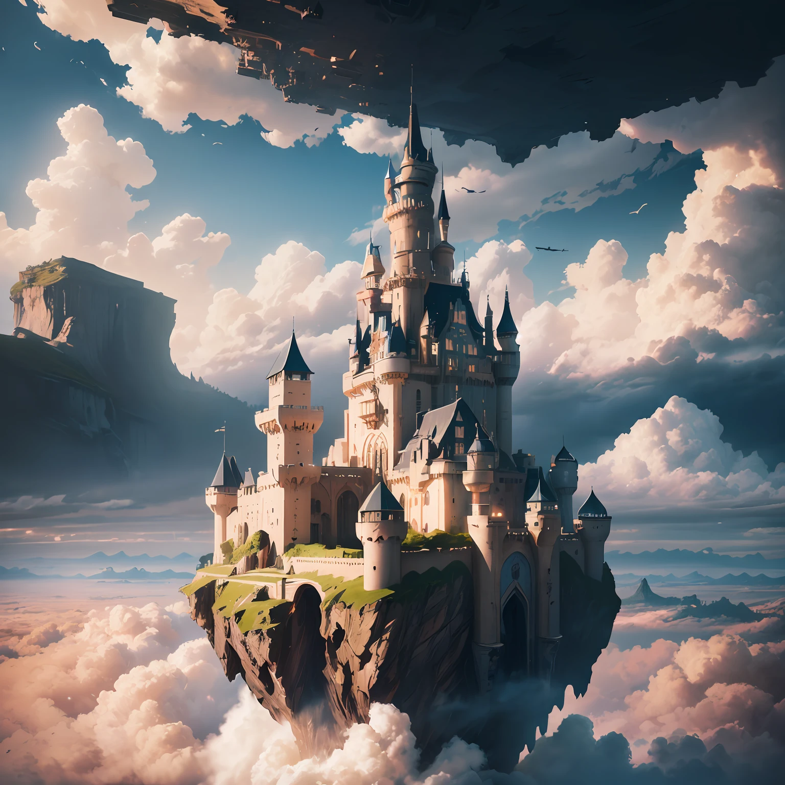 "there's an island floating in the sky among the 구름 with castle on it, 성에는 장비와 기계 부품이 가득합니다" 하늘의 성, 떠다니는 성, 구름, (영화 같은, 8K, 걸작, 영광스러운 배경, 동적 조명, 축소, 극도로 높은 디테일, 매혹적인 풍경 전망)