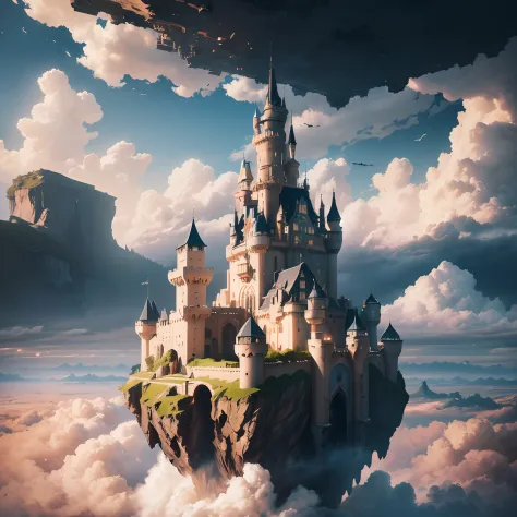 "there's an island floating in the sky among the cloud with castle on it, the castle is full of gear and machinery parts" castle...