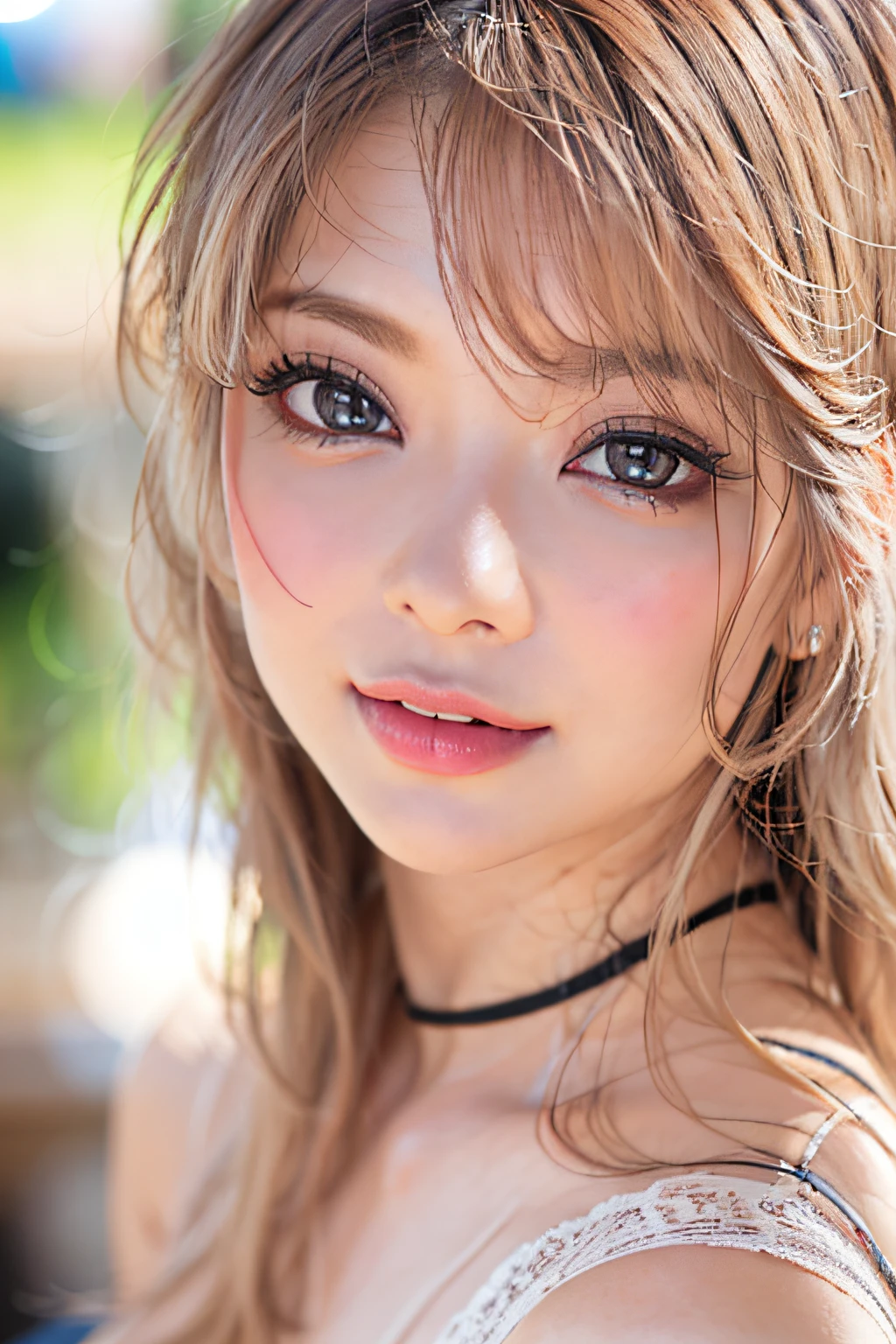 Delicate, masuter piece, Beautiful detailed, colourfull, Finely detailed,Detailed lips, Intricate details, (1 woman:1.1), Clean face、A detailed face、(Gorgeous and beautiful 30 years old), (Tied hair:1.1), (50mm Sigma f/1.4 ZEISS lens, F1.4, 1/800s, ISO 100, fotograpy:1.1), large full breasts,(Photorealistic:1.1), Solo, up looking_で_viewer, Tall lady, ,Happy smile, from a_front, , slim_Legs, The thighs are raw_the gap, Model, Lens Flare, Choker,(A MILF_Street,traditional_Duan,crouching cowgirl, vaginal, POV,