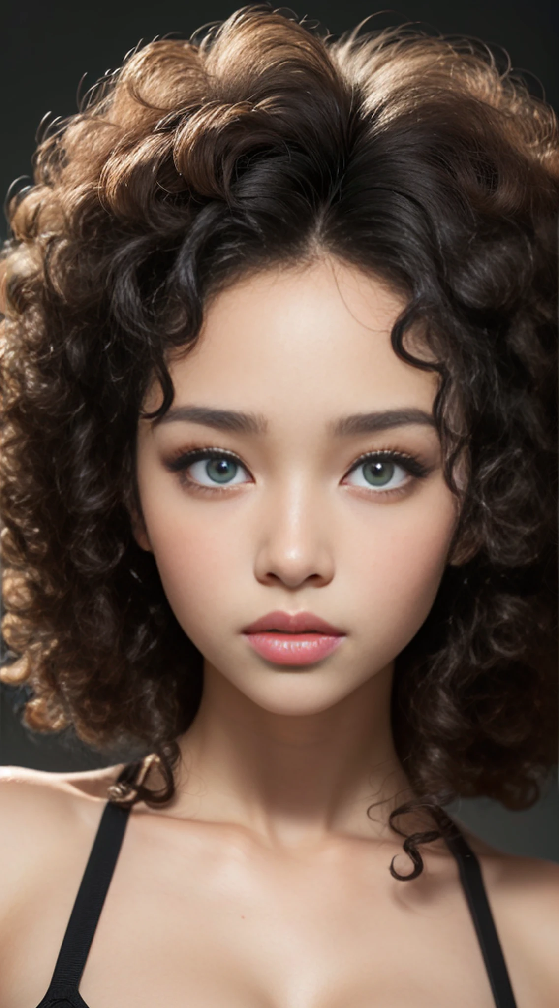 Fille Texture Visage et Peau Très Détaillée, ((peau blanche)) grands yeux verts, visage mince, des lèvres pulpeuses, Lèvres de bimbo, gros seins gonflés, ((afro bouclés cheveux noirs)), peau pâle, yeux détaillés, Double paupières,