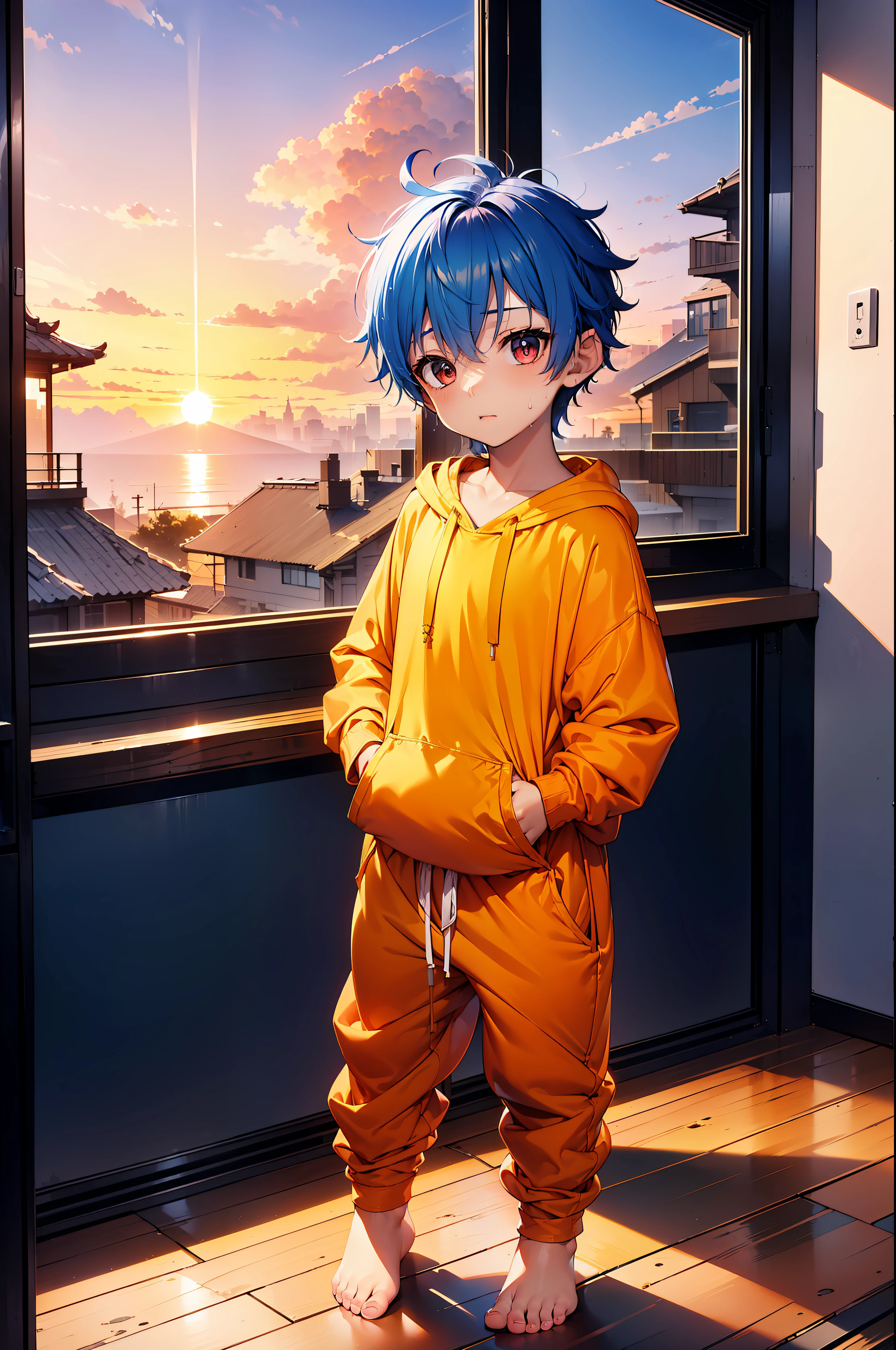 1 Little boy with royal blue colored hair and shiny, glowing red eyes and barefoot and small feet, who wear a yellow oversized hoodie and sweatpants, die auf einem Fenstersims sitzen, flush, Jung, Junge, Kind, klein, Kleinkind, tiny feet, (Jogginghose:1.4), (Jung:1.4), (Kind:1.4), (Shota:1.4), (Kapuzenpullover:1.4), (sunset:1.4),