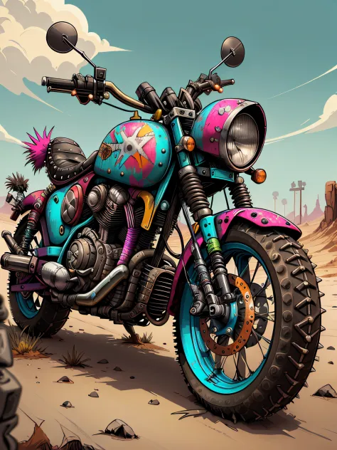 punkpunkai colorido, (1 motocicleta), nuvens, estilo mad max