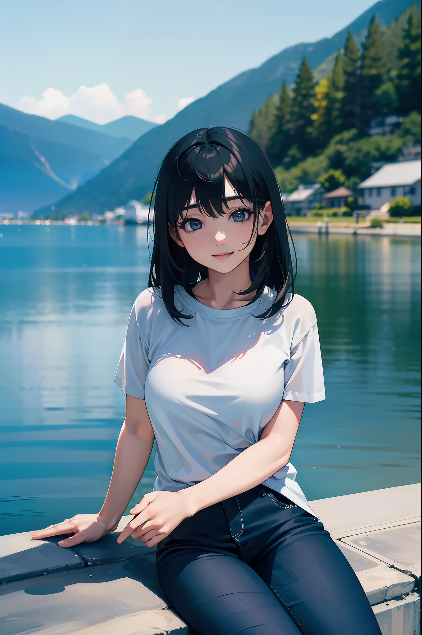 (((by the lakeside:1.1))),((Best quality, 8k, Masterpiece :1.3)),1 japanese mature female,(((fishig))),black hair, longeyelashes, solid circle eyes, light smile, drop shadow, atmospheric perspective, 8k, super detail, ccurate, best quality, middle breasts,black jacket, Black T-shirt ,navy blue jeans,