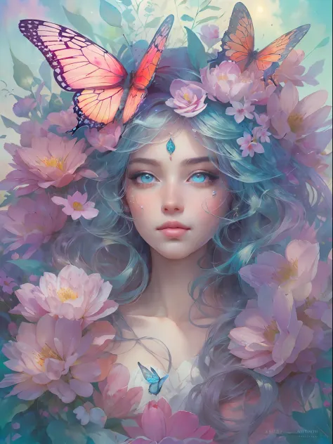 This artwork is dreamy and in the style of mythic fantasy, with soft watercolor hues in varying shades of pink, blue, and purple...