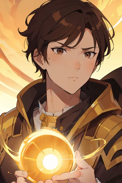 boy with short brown hair, brown eyes, serious look, golden aura around the body, behind a background sun.