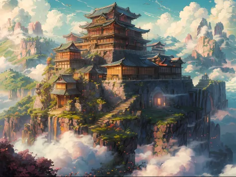 "A breathtaking sky castle, resembling a magnificent Japanese fortress, hovering gracefully above fluffy clouds, bathed in the warm radiance of the sun, exuding a vivid and awe-inspiring palette. Masterpiece."