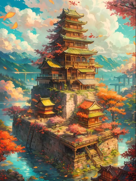 "A stunning Japanese-style fortress on a floating sky island, bathed in warm sunlight, enveloped by fluffy clouds, and featuring vibrant and mesmerizing colors. Masterpiece."