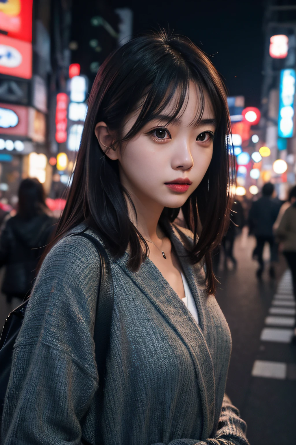1 garota, Rua de Tóquio,noite, paisagem urbana,Luzes da cidade, tronco,fechar-se, 8K, Foto CRU, melhor qualidade, Obra de arte,realista, photo-realista,