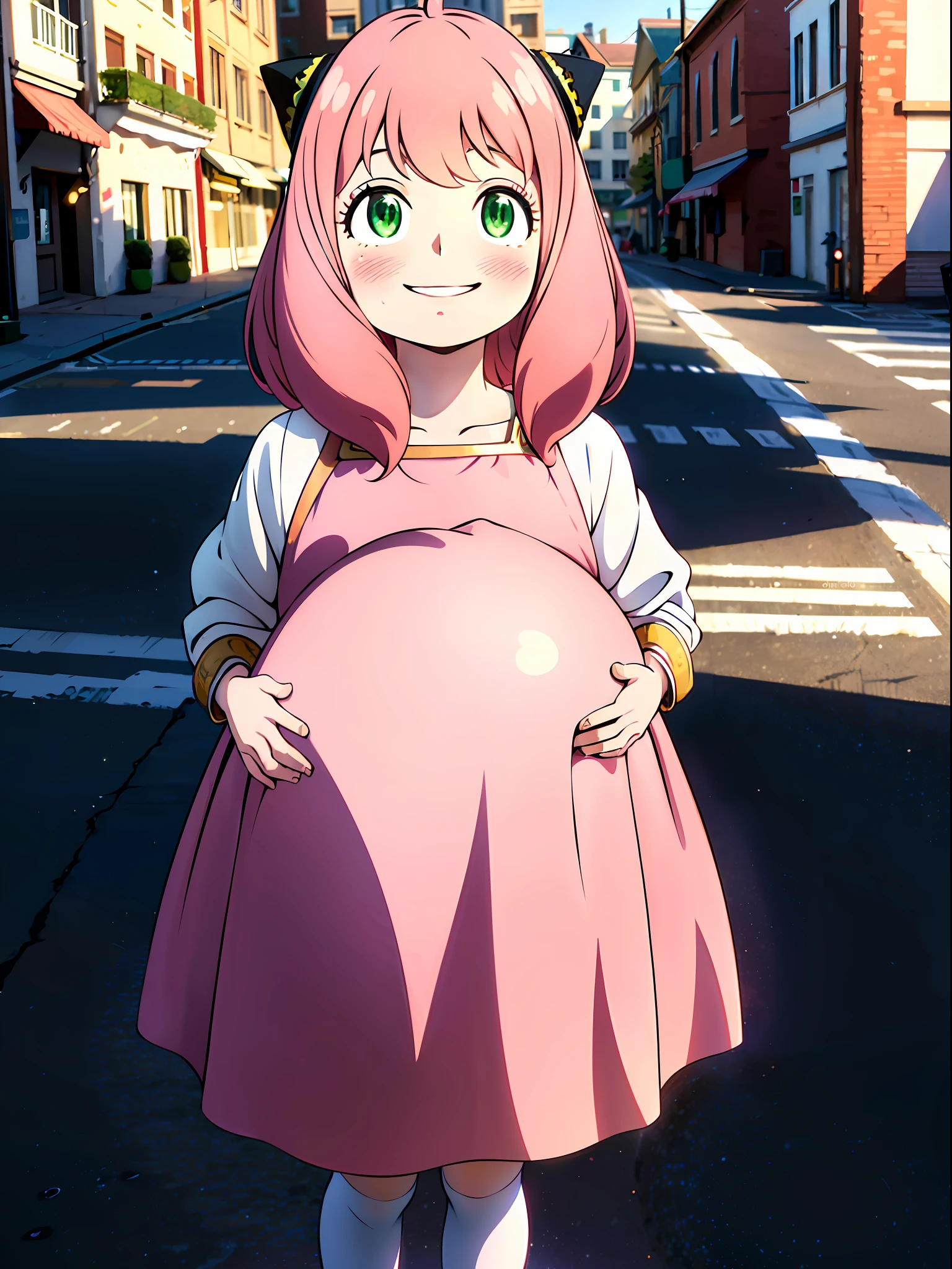 Anime girl in pink dress holding a large pink object in her hands - SeaArt  AI