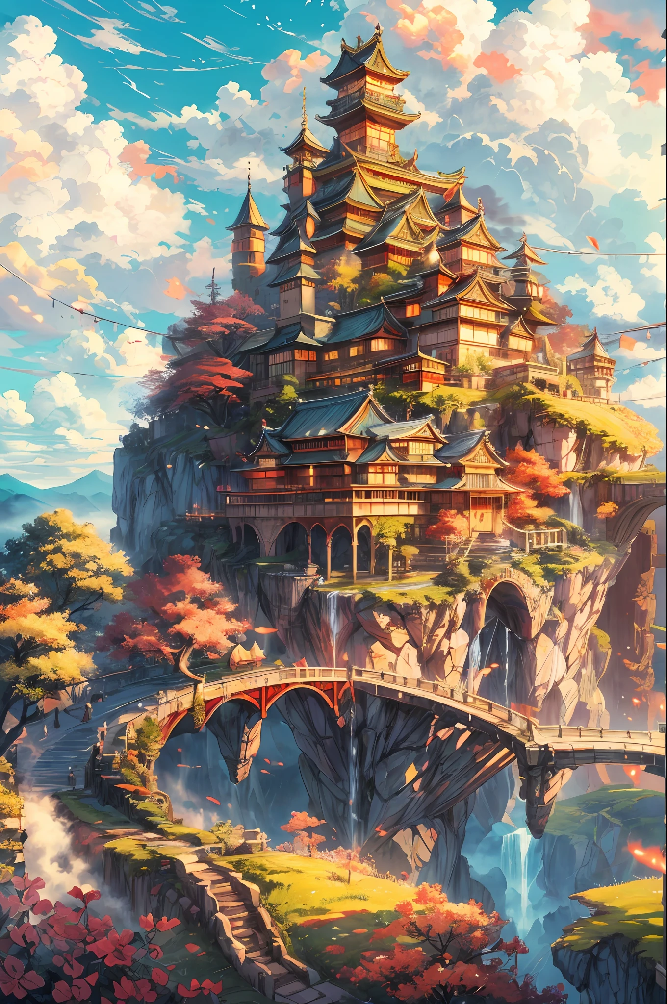 "A majestic castle floating on a sky island, reminiscent of a japanese-style fortress, suspended above fluffy clouds, basking in the warm glow of the sun, radiating vibrant colors. Masterpiece."