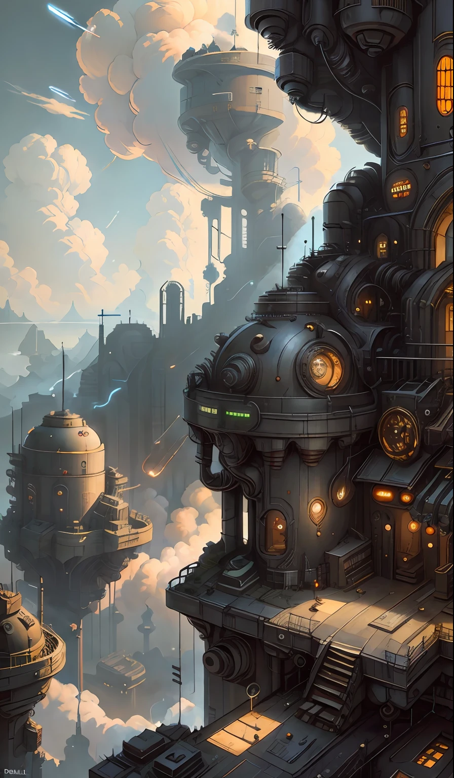 Look down from above，((masterpiece)),((best quality)),((high detial)),((realistic,)) Industrial age city，the street，steampunc，sci-fi building，Clouds，spaceship