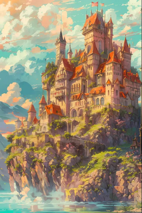 "A majestic castle floating on a sky island, reminiscent of an England-style fortress, suspended above fluffy clouds, basking in the warm glow of the sun, radiating vibrant colors. Masterpiece."