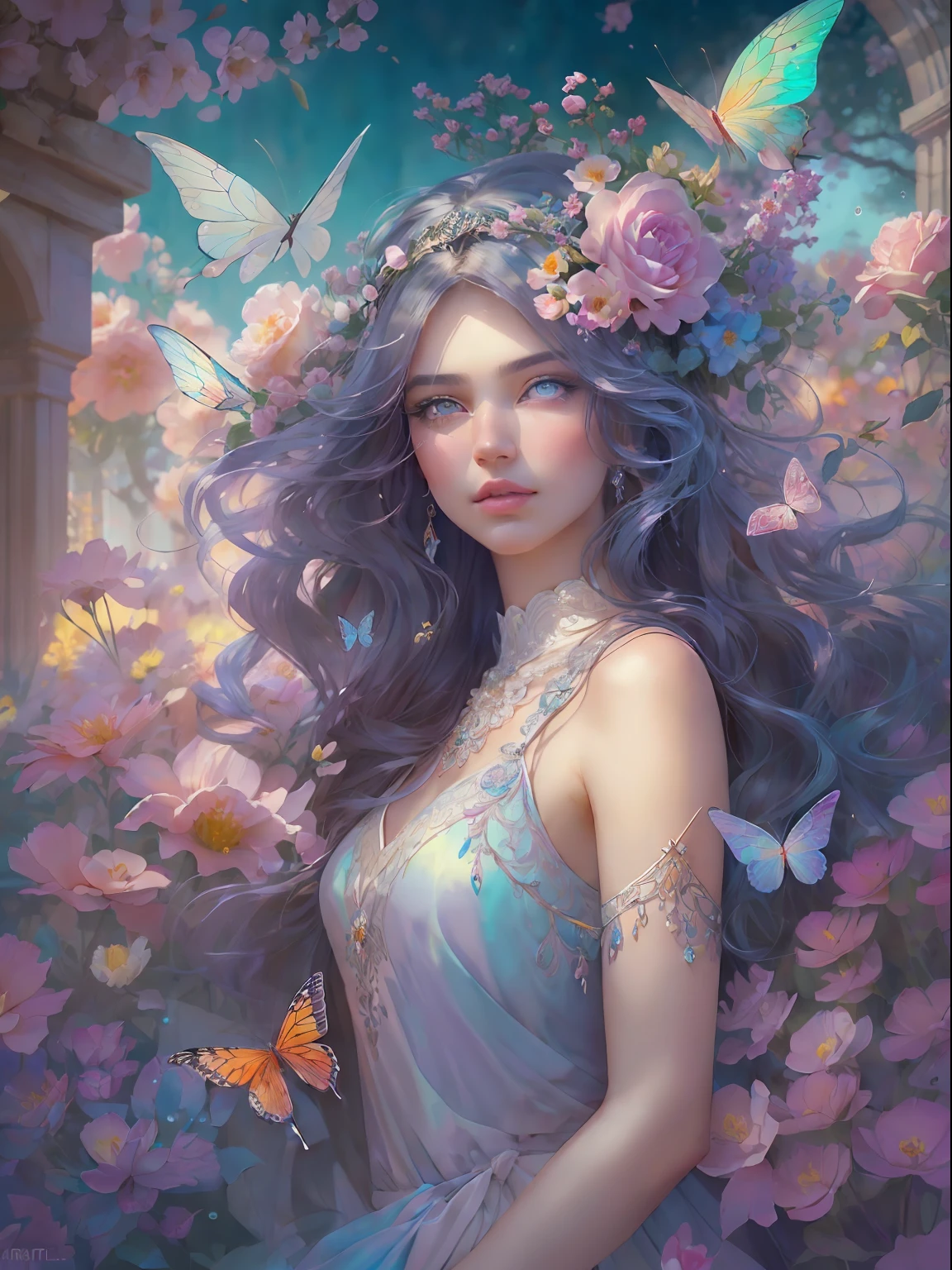 This artwork is dreamy and in the style of mythic fantasy, with soft watercolor hues in varying shades of pink, blue, and purple. Generate an ornate figure from Greek mythology and realistic skin and hair texture. Her strong, proud face has realistically shaded eyes and puffy lips, and a big mouth. Her soft, realistic hair is dancing in the breeze along with the flowers and detailed butterflies that surround her. Include highly detailed fantasy touches including a beautiful watercolor sky. Include 8k eyes, hires eyes, beautiful detail eyes, beautiful detailed eyes, and realistic eyes. Include fantasy details, enhanced details, iridescence, and colorful glitter. Pay special attention to her face and make sure it is beautifully and realistically detailed. 8k, intricate, elegant, highly detailed, majestic, digital photography, art by artgerm and ruan jia and greg rutkowski, (((masterpiece, finely detailed beautiful eyes: 1.2))), hdr, ((realistic skin texture)), rays of light, ornate flowers, dew drops, sunlight, hazy rays of sun, flowergateway style, castle, palace, archway, flowers, growing