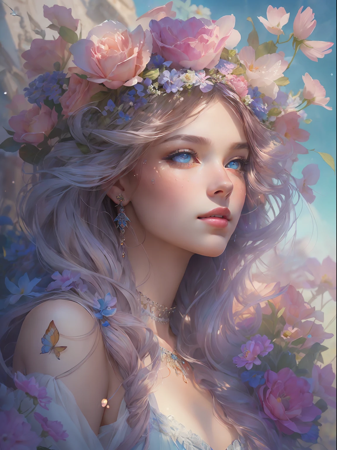 This artwork is dreamy and in the style of mythic fantasy, with soft watercolor hues in varying shades of pink, blue, and purple. Generate an ornate figure from Greek mythology and realistic skin and hair texture. Her strong, proud face has realistically shaded eyes and puffy lips, and a big mouth. Her soft, realistic hair is dancing in the breeze along with the flowers and detailed butterflies that surround her. Include highly detailed fantasy touches including a beautiful watercolor sky. Include 8k eyes, hires eyes, beautiful detail eyes, beautiful detailed eyes, and realistic eyes. Include fantasy details, enhanced details, iridescence, and colorful glitter. Pay special attention to her face and make sure it is beautifully and realistically detailed. 8k, intricate, elegant, highly detailed, majestic, digital photography, art by artgerm and ruan jia and greg rutkowski, (((masterpiece, finely detailed beautiful eyes: 1.2))), hdr, ((realistic skin texture)), rays of light, ornate flowers, dew drops, sunlight, hazy rays of sun, flowergateway style, castle, palace, archway, flowers, growing