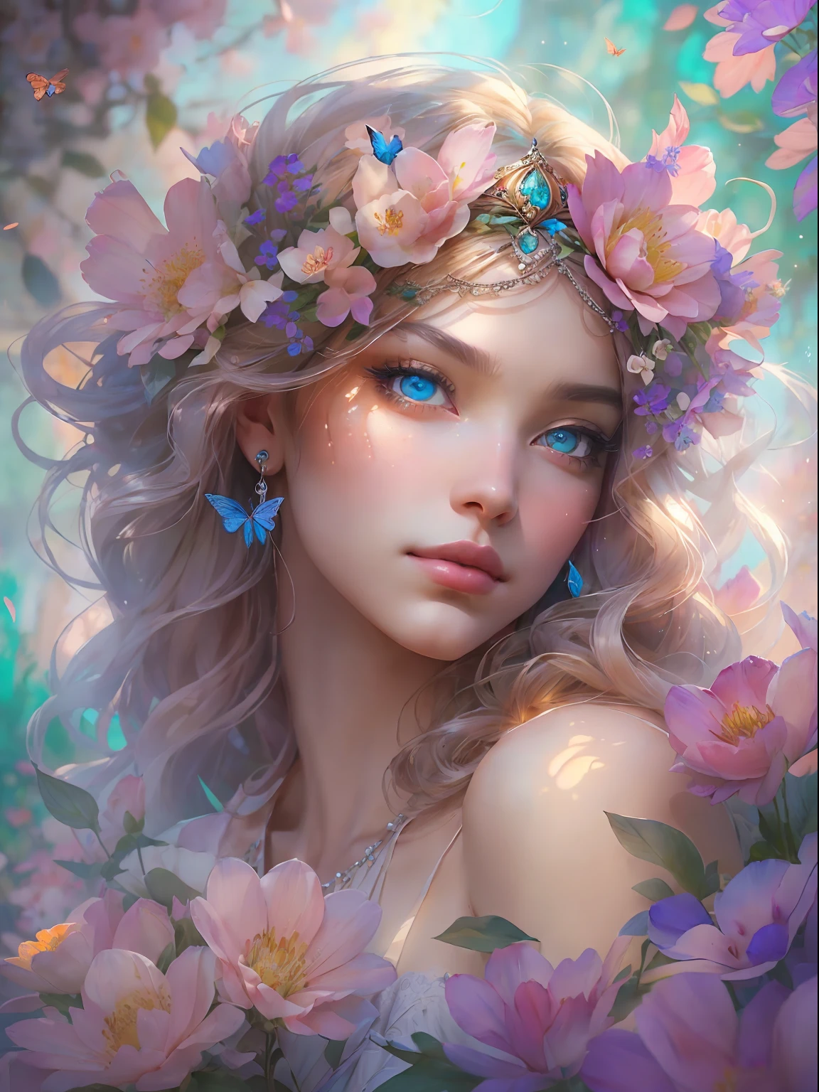 This artwork is dreamy and in the style of mythic fantasy, with soft watercolor hues in varying shades of pink, blue, and purple. Generate an ornate figure from Greek mythology and realistic skin and hair texture. Her strong, proud face has realistically shaded eyes and puffy lips, and a big mouth. Her soft, realistic hair is dancing in the breeze along with the flowers and detailed butterflies that surround her. Include highly detailed fantasy touches including a beautiful watercolor sky. Include 8k eyes, hires eyes, beautiful detail eyes, beautiful detailed eyes, and realistic eyes. Include fantasy details, enhanced details, iridescence, and colorful glitter. Pay special attention to her face and make sure it is beautifully and realistically detailed. 8k, intricate, elegant, highly detailed, majestic, digital photography, art by artgerm and ruan jia and greg rutkowski, (((masterpiece, finely detailed beautiful eyes: 1.2))), hdr, ((realistic skin texture)), rays of light, ornate flowers, dew drops, sunlight, hazy rays of sun, flowergateway style, castle, palace, archway, flowers, growing