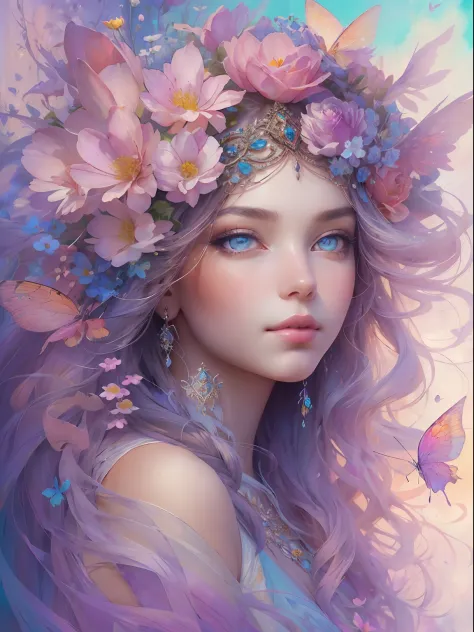 This artwork is dreamy and in the style of mythic fantasy, with soft watercolor hues in varying shades of pink, blue, and purple...