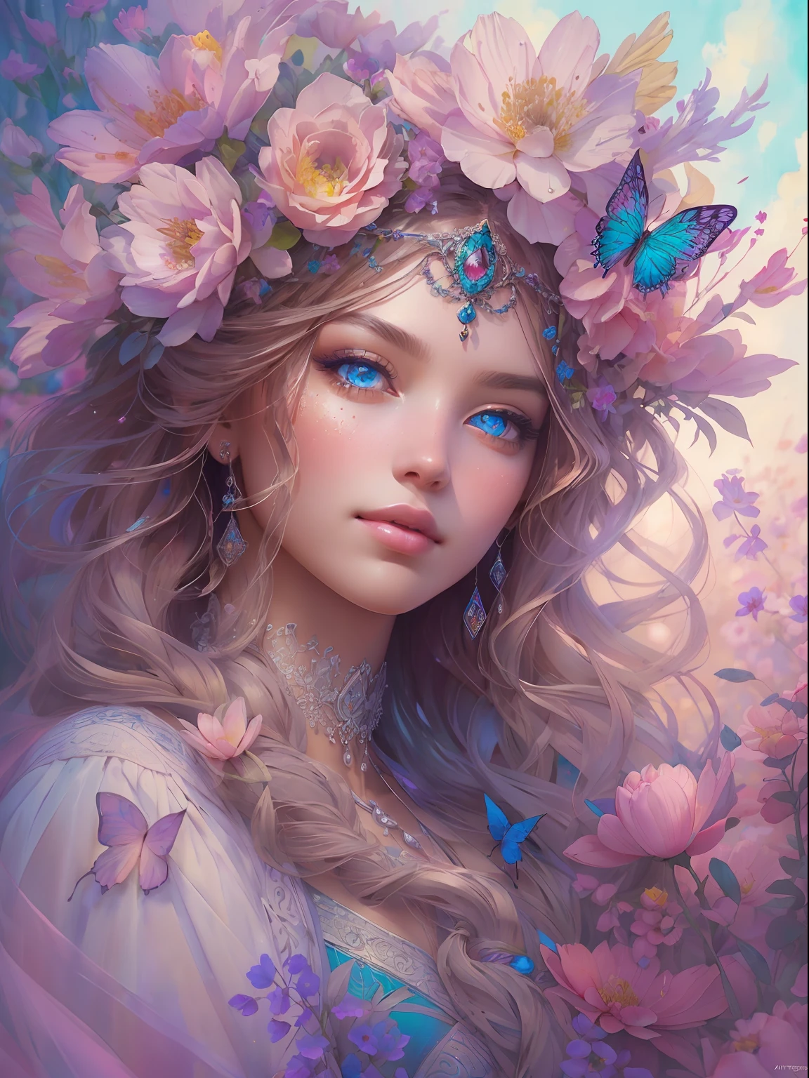 This artwork is dreamy and in the style of mythic fantasy, with soft watercolor hues in varying shades of pink, blue, and purple. Generate an ornate figure from Greek mythology and realistic skin and hair texture. Her strong, proud face has realistically shaded eyes and puffy lips, and a big mouth. Her soft, realistic hair is dancing in the breeze along with the flowers and detailed butterflies that surround her. Include highly detailed fantasy touches including a beautiful watercolor sky. Include 8k eyes, hires eyes, beautiful detail eyes, beautiful detailed eyes, and realistic eyes. Include fantasy details, enhanced details, iridescence, and colorful glitter. Pay special attention to her face and make sure it is beautifully and realistically detailed. 8k, intricate, elegant, highly detailed, majestic, digital photography, art by artgerm and ruan jia and greg rutkowski, (((masterpiece, finely detailed beautiful eyes: 1.2))), hdr, ((realistic skin texture)), rays of light, ornate flowers, dew drops, sunlight, hazy rays of sun, flowergateway style, castle, palace, archway, flowers, growing