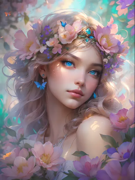This artwork is dreamy and in the style of mythic fantasy, with soft watercolor hues in varying shades of pink, blue, and purple. Generate an ornate figure from Greek mythology and realistic skin and hair texture. Her strong, proud face has realistically s...