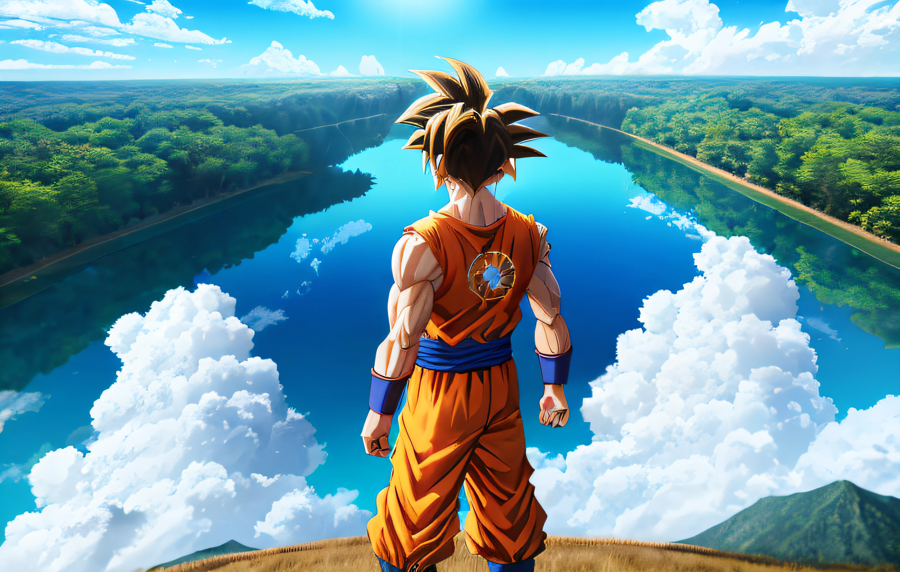 Dragon ball goku standing on a hill overlooking a lake - SeaArt AI