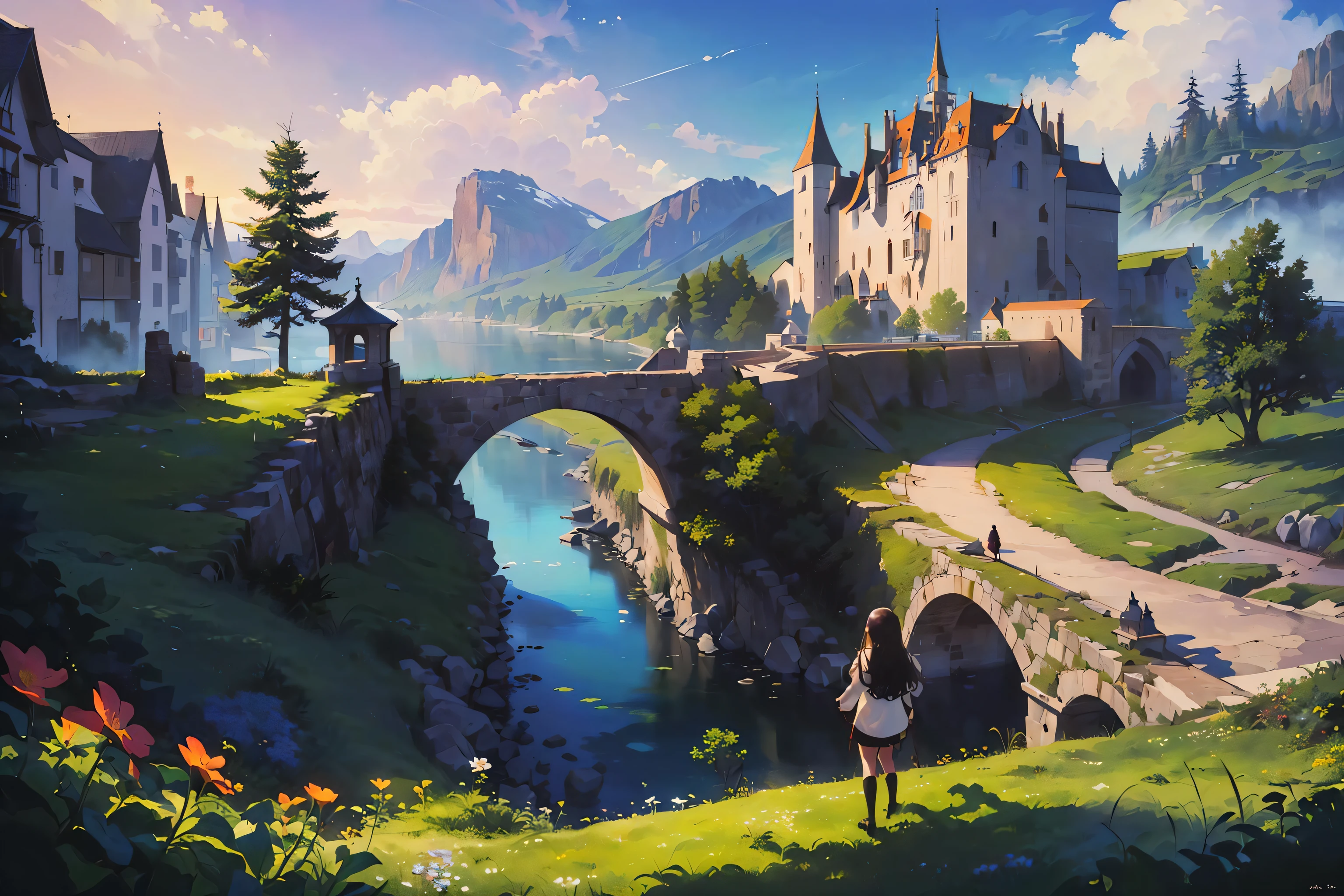 ((masterpiece,best quality,official art,unity 8k wallpaper,absurdres , highres, (1girl:1.4),looking ahead,(breathtaking landscapes:1.2), natural wonders, serene vistas, outdoor exploration, (diverse ecosystems:1.2), scenic beauty, tree,castle,village,flowers,bridge,