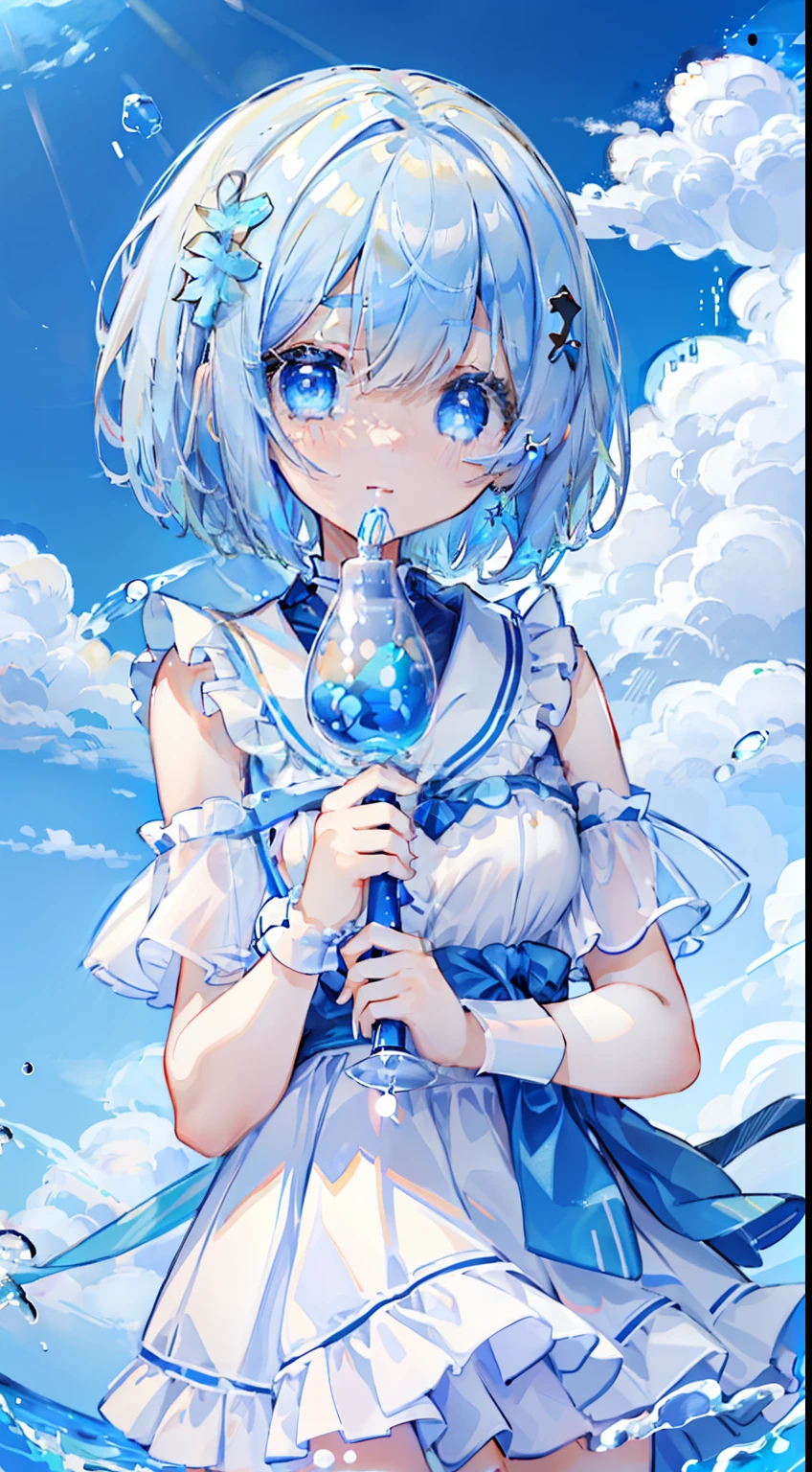 One girl、​masterpiece、top-quality、Light blue bar ice、Top image quality、blue-sky、beautiful blue sky、Into the cloud、silber hair、bob cuts、blue eyess、smil、Air bubble、splash water、Looking at the camera、Summer light