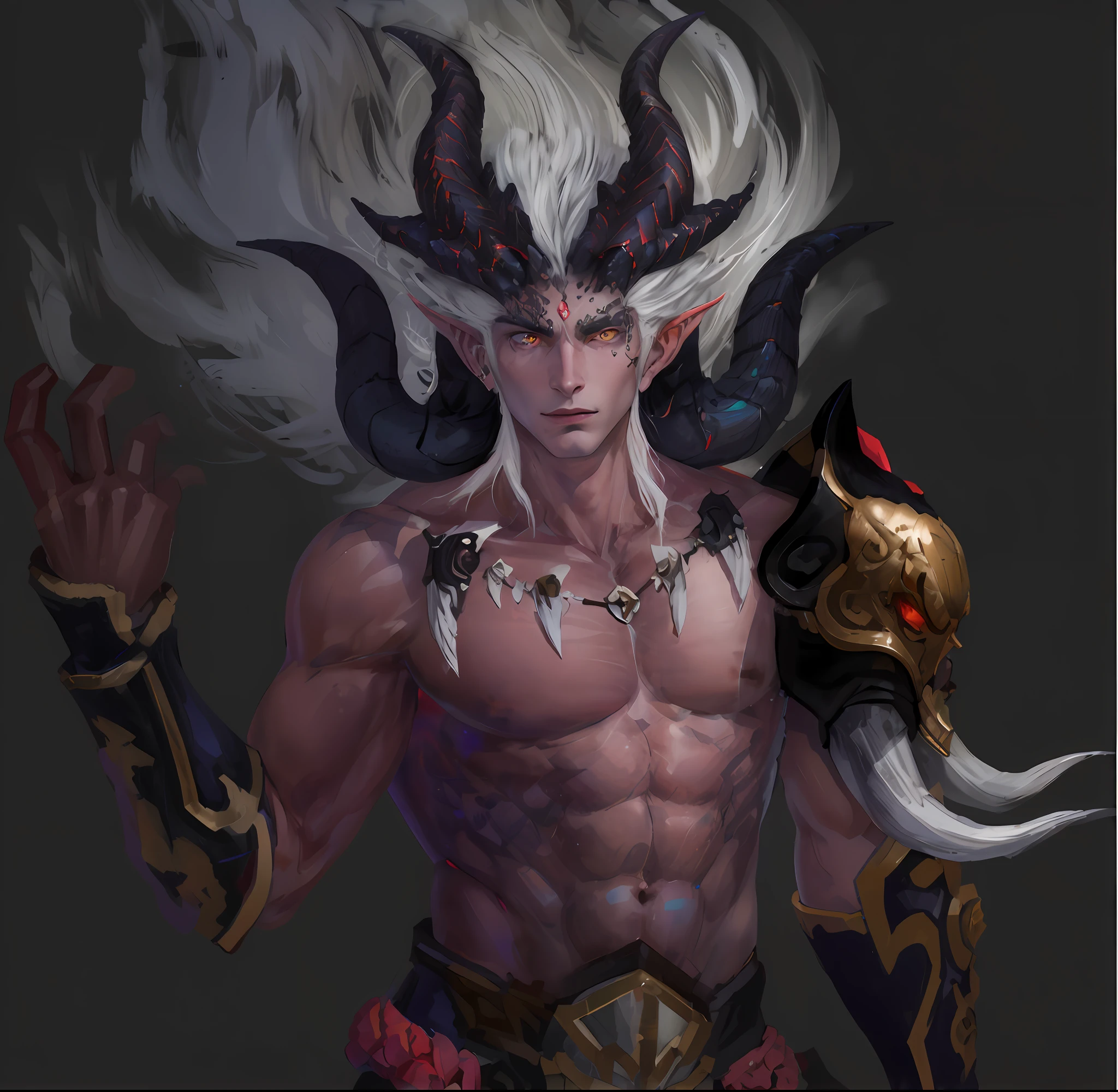 A close-up of a male character with horned head and horns, Suitable for white-haired banshees,Corner of magma material，Heavy beast head and shoulder blades，Magma-eyed animal head and shoulder blades，Bracers， human male demon, djinn man male demon, demon male, male djinn man demon hybrid, demon soul concept art, portrait demon half human, man male demon, demon noble character design, Demon Lord, the former demon king，China-style，White-haired god, painted in the style arcane, Male characters，Delicate belt，China-style，Chinese-style clothing，Refinement，Fine painting，Refinement，infinite details，high definition detail，Patterned，Animal tattoos，Blank background，Bright colors，Metal edging