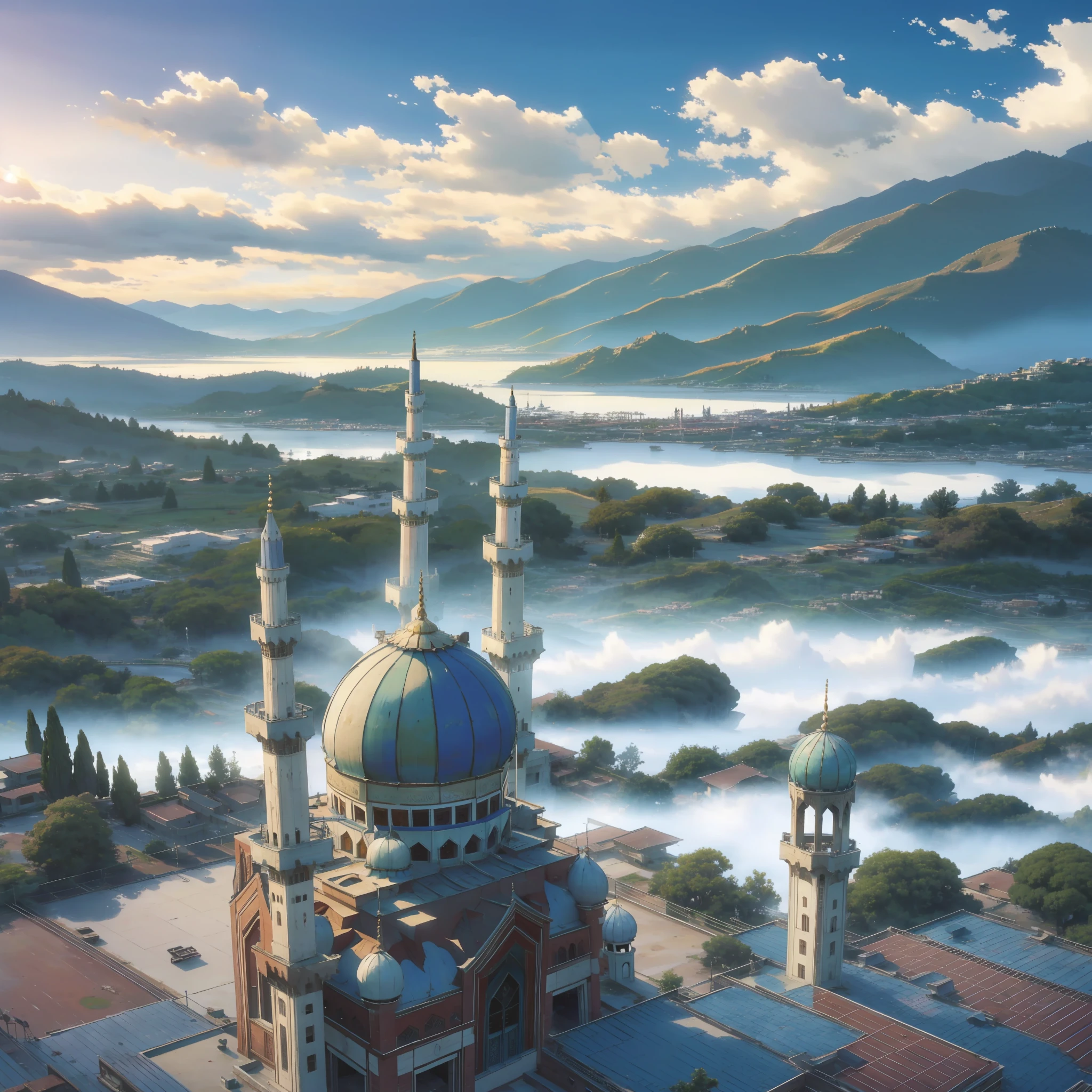 A view of a Mosque, mosque, clouds, Masjid, fog, islamic architecture, detailed, day, sky, islamic architecture, clouds, trees, mountains, ruins, (Makoto Shinkai style)