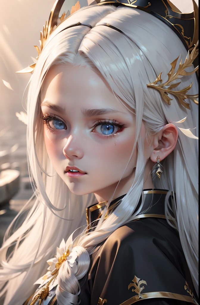 white hair, long hair, drill hair, expressive hair, crown, halo, jewelry, ribbon, forehead jewel, fish hair ornament, jeweled branch of hourai, crescent hair ornament, clover hair ornament, mole under eye, glowing eyes, sanpaku, tearing up, rape face, thinking, Romanticism, motion lines, god rays, glowing light, backlighting, panorama, f/16, textured skin