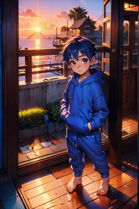 1 little boy with royal blue colored hair and shiny, glowing red eyes and barefoot and small feet, who wear a yellow oversized h...