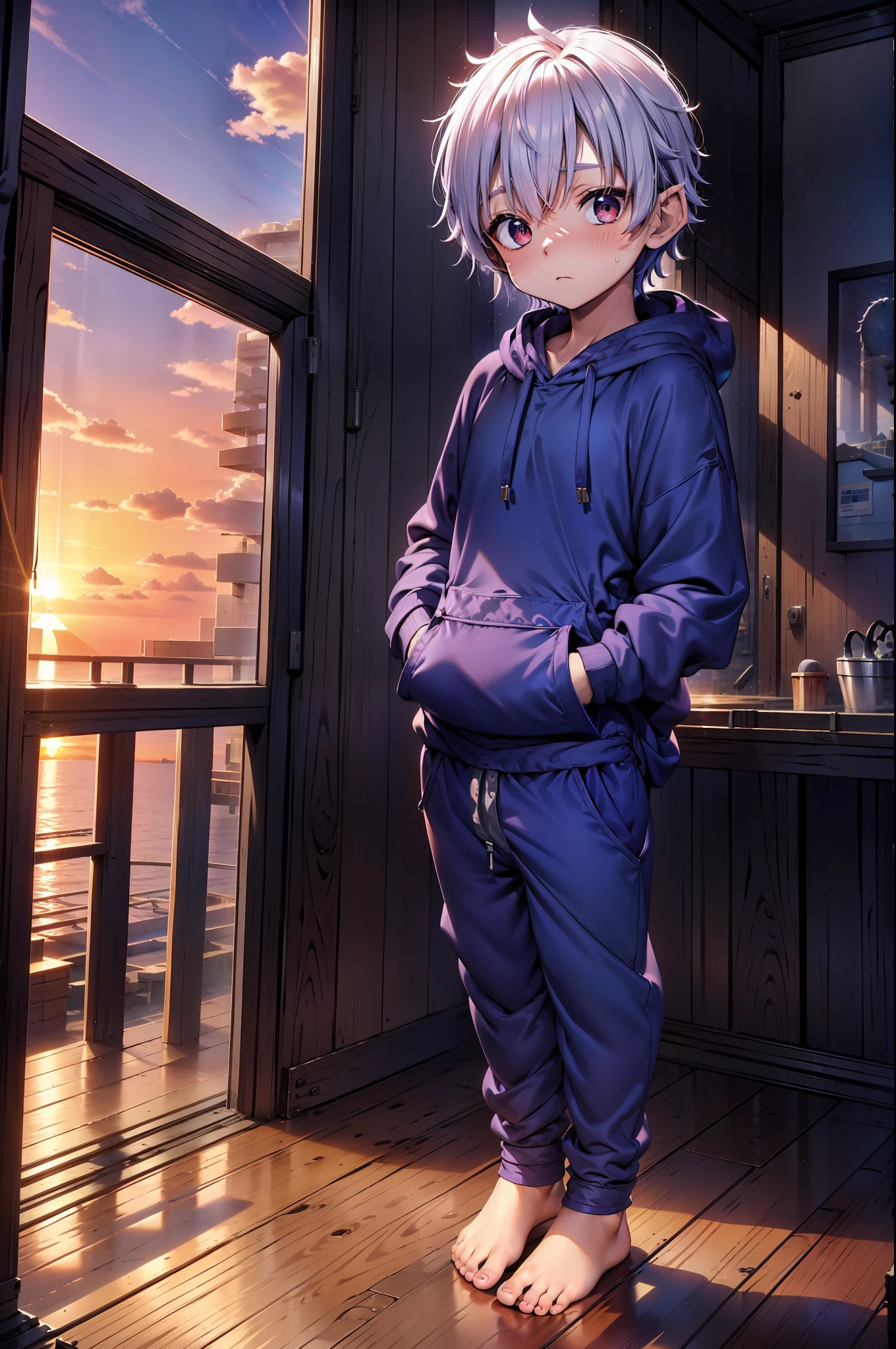 1 Little boy with royal blue colored hair and shiny, glowing red eyes and barefoot and small feet, who wear a yellow oversized hoodie and sweatpants, die auf einem Fenstersims sitzen, flush, Jung, Junge, Kind, klein, Kleinkind, tiny feet, (Jogginghose:1.4), (Jung:1.4), (Kind:1.4), (Shota:1.4), (Kapuzenpullover:1.4), (sunset:1.4),