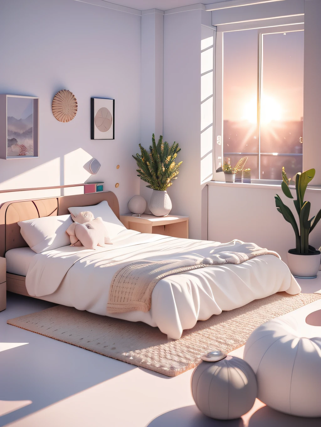 liveroom，sofe，hugging pillow，picure，decor，terrazzo，the setting sun，scenecy，inside in room，4k，tmasterpiece，A high resolution，extremly intricate）（realisticlying：1.4），3D clay rendering，White background，c4d