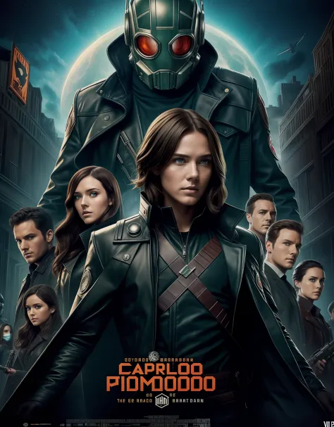 capa de filme, There's a young man with a Starlord jacket in the center of the cover, to a girl with brown hair and green eyes wearing a white mask on her face, for multiple people in the image, and there is the image of a man without a face, a capa faz pa...
