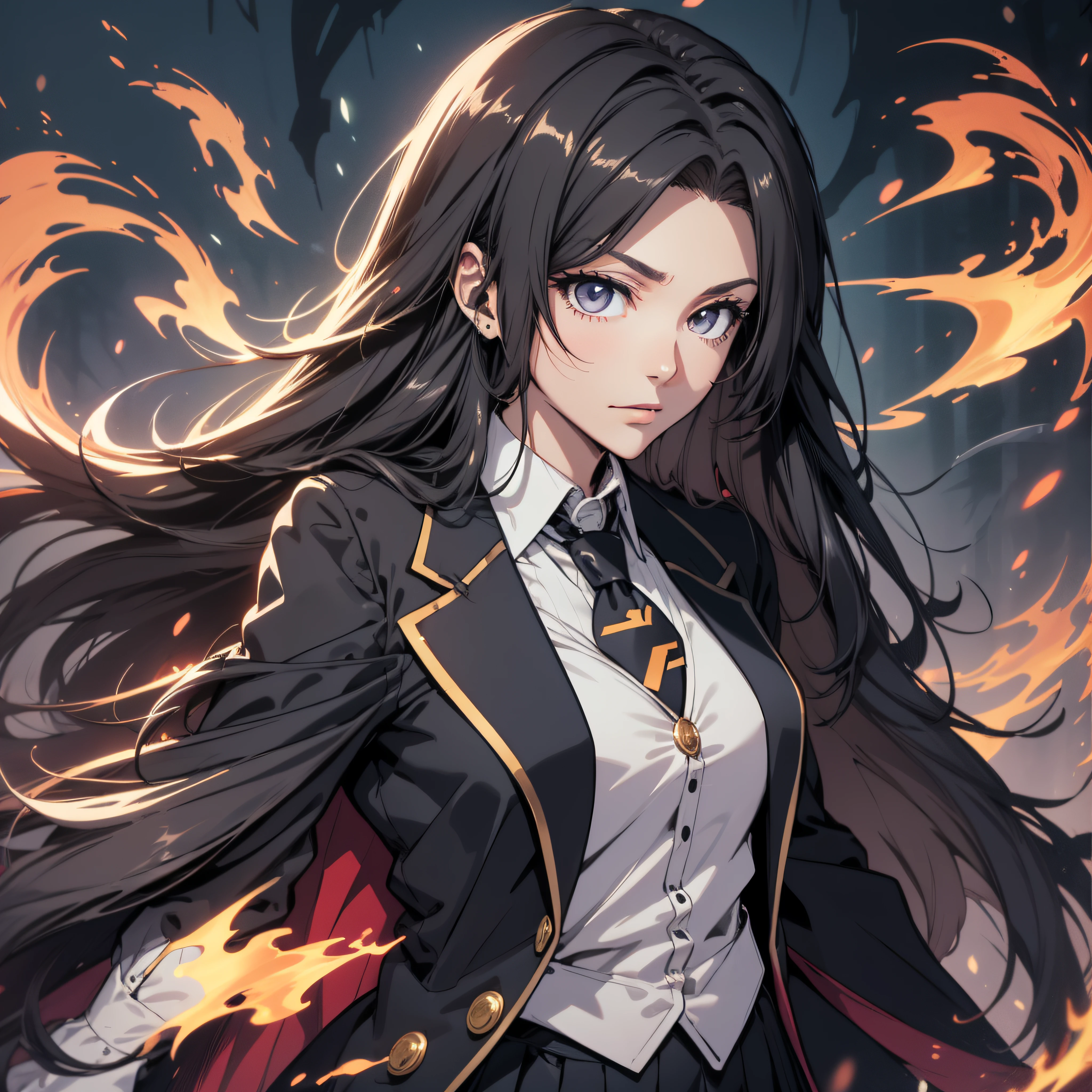 (ultra-detailed, perfect pixel, highrest, best quality), 20 years old Anime girl, smooth anime artstyle, long raven hair, slightly wavy hair, parted bangs, black hair, gradient hair color, Magus, red eyes, detailed eyes, beautiful eyes, long black coat, white shirt, ((neckwear, long tie)), black skirt, aristocrat, noble attire, beautiful, ethereal, elegant, prestigious, dark forest background, particle effect, smoke effect, fire flame, lightning, magic light, standing, looking at viewer