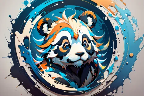 distorted art of a vibrantly colored cartoon panda face in the form of a futuristic shield with brush technique and splash effec...