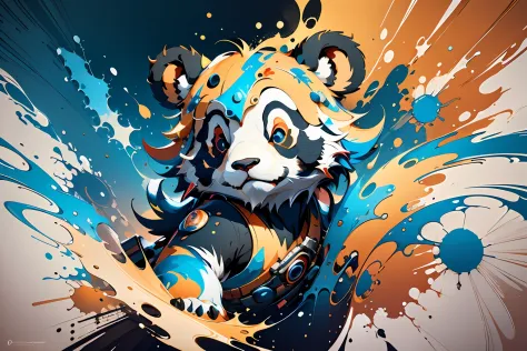 distorted art of a vibrantly colored cartoon panda face in the form of a futuristic shield with brush technique and splash effec...