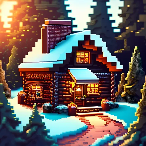 detailed pixel art of a cosy cabin in the woods, isometric, retro, intricate, bokeh, dramatic lighting, 8 k