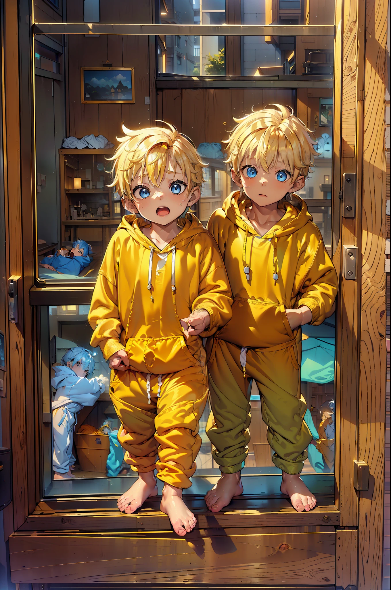 2 Little boys with golden colored hair and shiny, glowing blue eyes and barefoot and small feet, who wear a yellow oversized hoodie and sweatpants, die auf einem Fenstersims sitzen, flush, Jung, Junge, Kind, klein, , tiny feet, (Jogginghose:1.4), (Jung:1.4), (Kind:1.4), (Shota:1.4), (Kapuzenpullover:1.4),