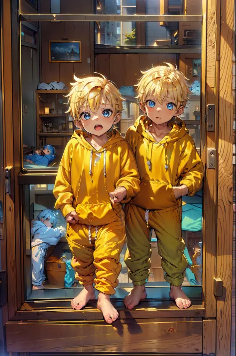 2 little boys with golden colored hair and shiny, glowing blue eyes and barefoot and small feet, who wear a yellow oversized hoo...