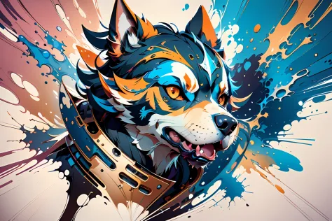 distorted art of a vibrantly colored cartoon pit bull face in the form of a futuristic shield with brush technique and splash ef...