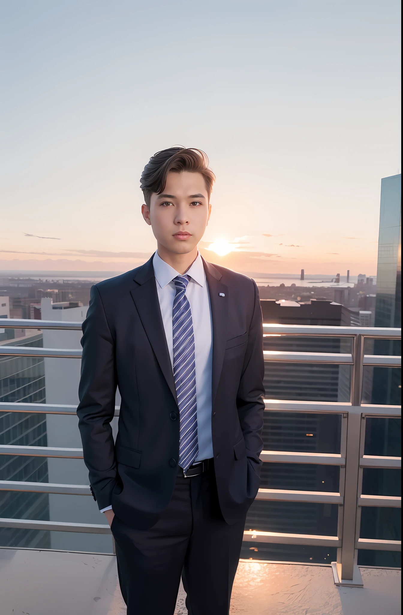 1boys,Solo, parted lip,  Office Man, Business suit ,
skylines, Cloud,Sunset, arms behind  head, view the viewer,