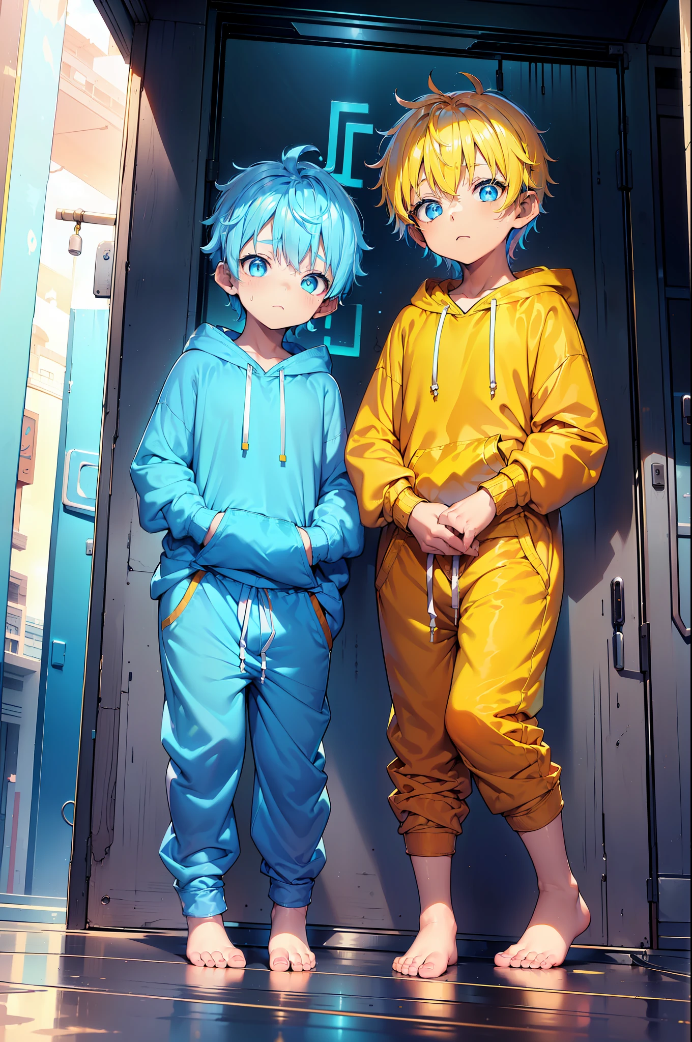 2 Little boys with blue colored hair and shiny, glowing cyan eyes and barefoot and small feet, who wear a yellow oversized hoodie and sweatpants, sitting on wall, flush, Jung, Junge, Kind, klein, Kleinkind, tiny feet, (Jogginghose:1.4), (Jung:1.4), (Kind:1.4), (Shota:1.4), (Kapuzenpullover:1.4), (sunset:1.4)