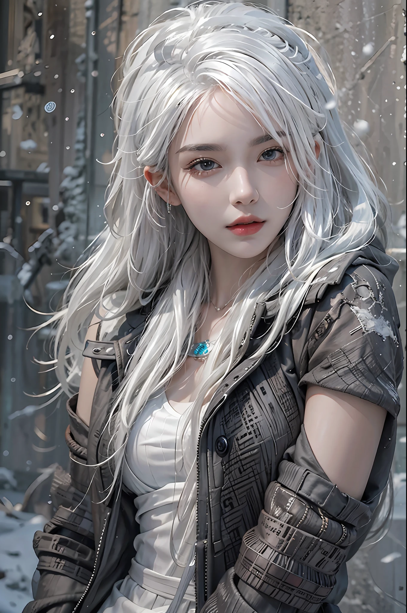photorealistic, high resolution, 1women, solo, hips up, look at viewer, (detailed face), white hair, winter wear, tattoo, jewelry