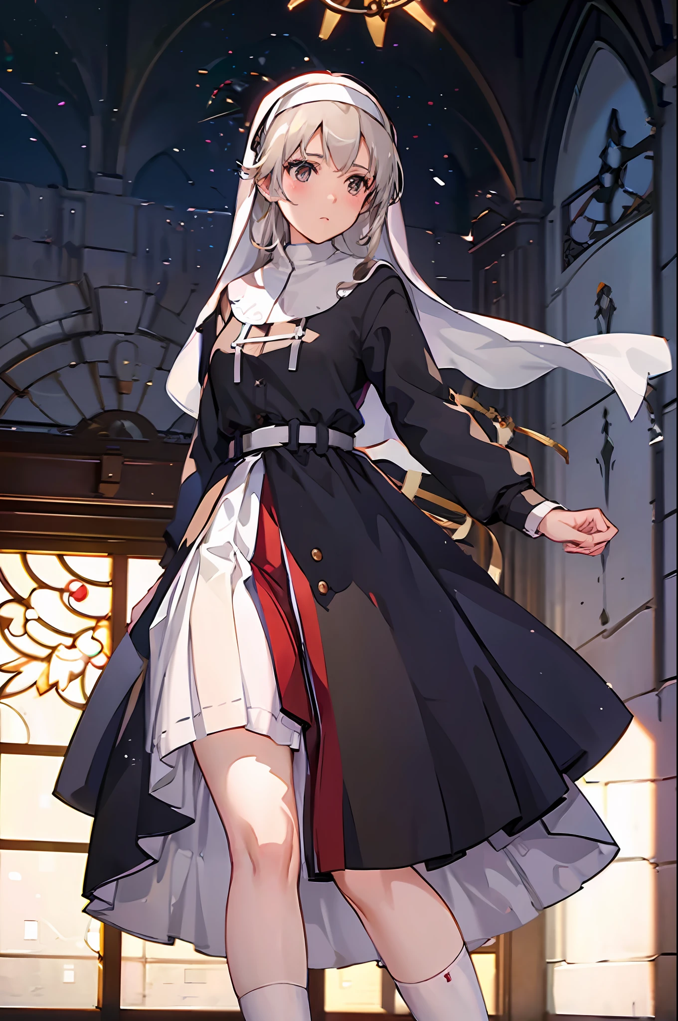 nun,Monastic uniforms,２０Adult female years old,White panties are visible,String bread,a short skirt,red blush,knee sox,inside a church,The skirt is soaring in the wind