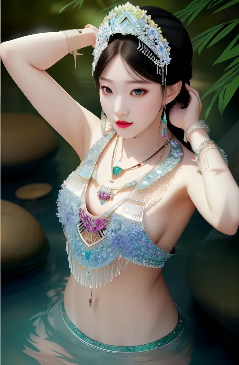 morning,(Early morning),(day:1.8),in summer,onsen,(nature:1.9),1girl,full body,black hair,very long hair,grin,sexy,unaligned breasts, dynamic angle,dynamic pose,outdoors,chinese style architecture,High color saturation,Color saturation,(jewelry:1.9),puttin...