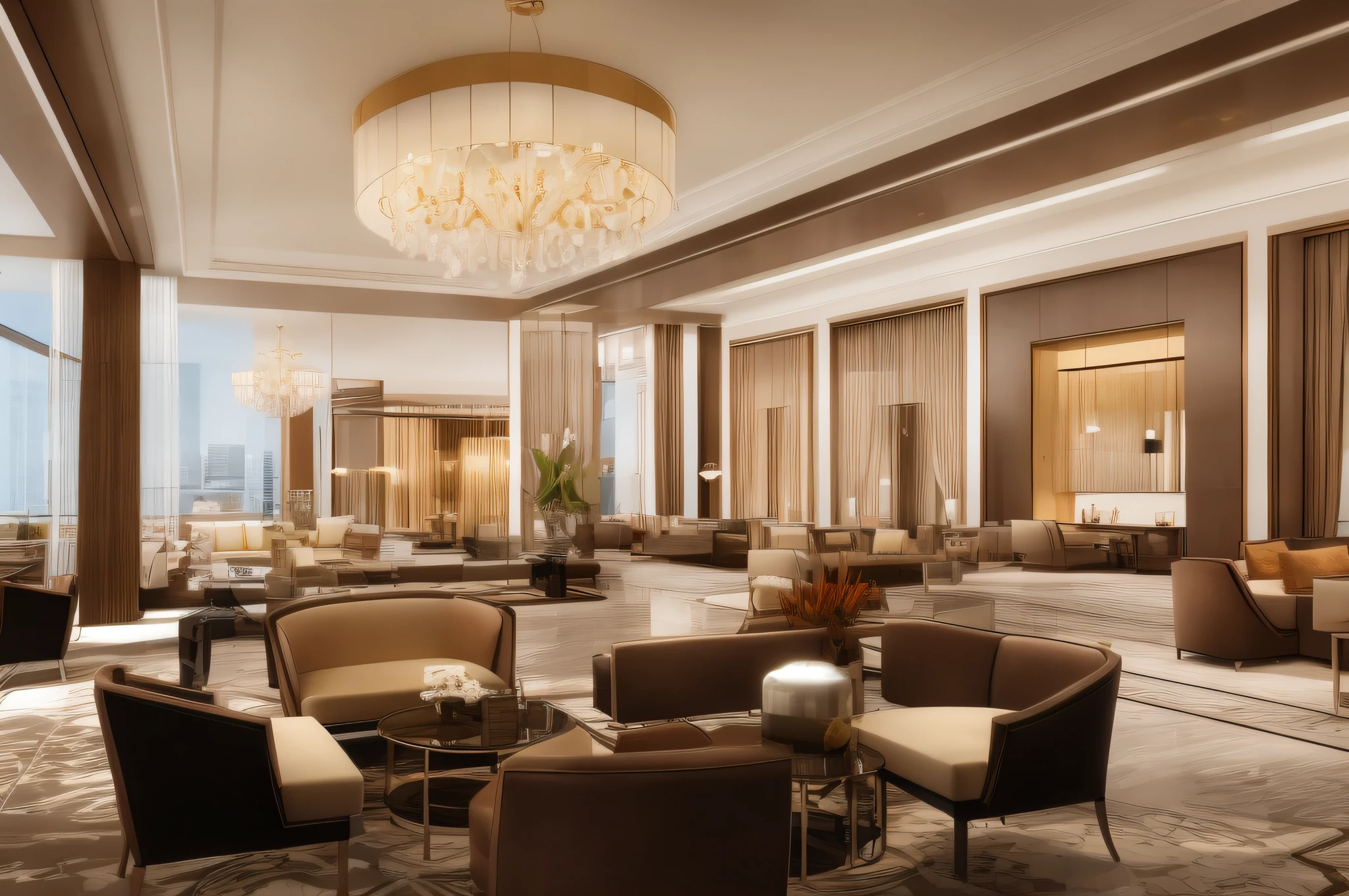 View of the large living room with chandelier and chairs, inside a grand, luxurious environment, Exquisite rendering, * * *, A digital rendering, an illustration of a bar/lounge room, building rendering, exquisitedetails, lounge room, dramatic rendering, rendered in corona, author：Kurt Roesch, Grand, detailed renderings, a digital rendering, rendering, brown atmospheric lighting