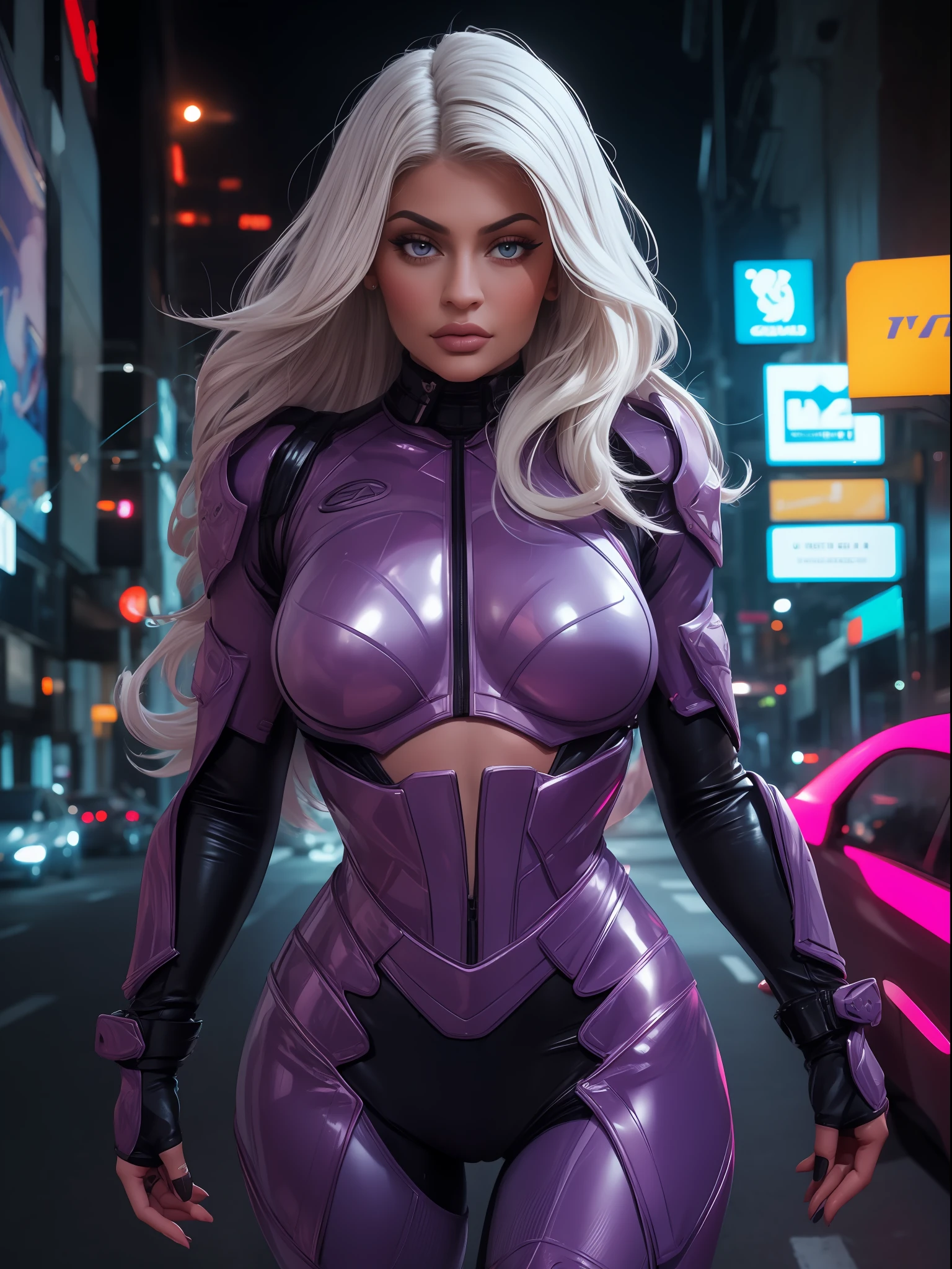 1girl, solo, photo of kylie jenner, 25 year old, extremely detailed, perfect eyes, detailed eyes, realistic eyes, detailed skin, platinum white hair, long hair, femme magnifique, model, walking, futuristic city, neon purple light, holographic projections, ultra-detailed, high quality erotic, armor, body covered in purple tech clothing, (highly detailed:1.3), (HDR), (cinematic lighting), (8k, RAW photo, best quality, masterpiece: 1.3), (8k resolution: 1.2), (intricate details)