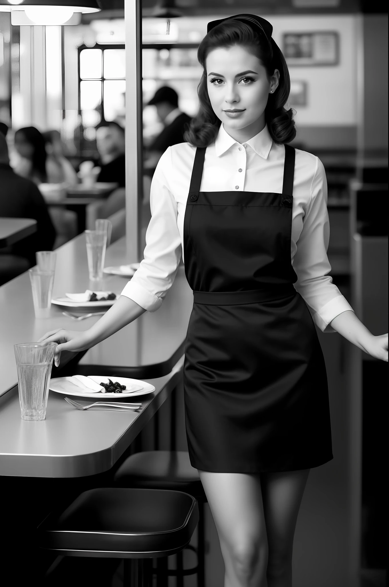 Detailed vintage diner with blond waitress serving customers, black and white theme, 1940s dress, detailed face, professional lighting, busy background, ((realistic)), camera blurr, sharp focus, single female, 1girl, solo female, short skirt, monochrome