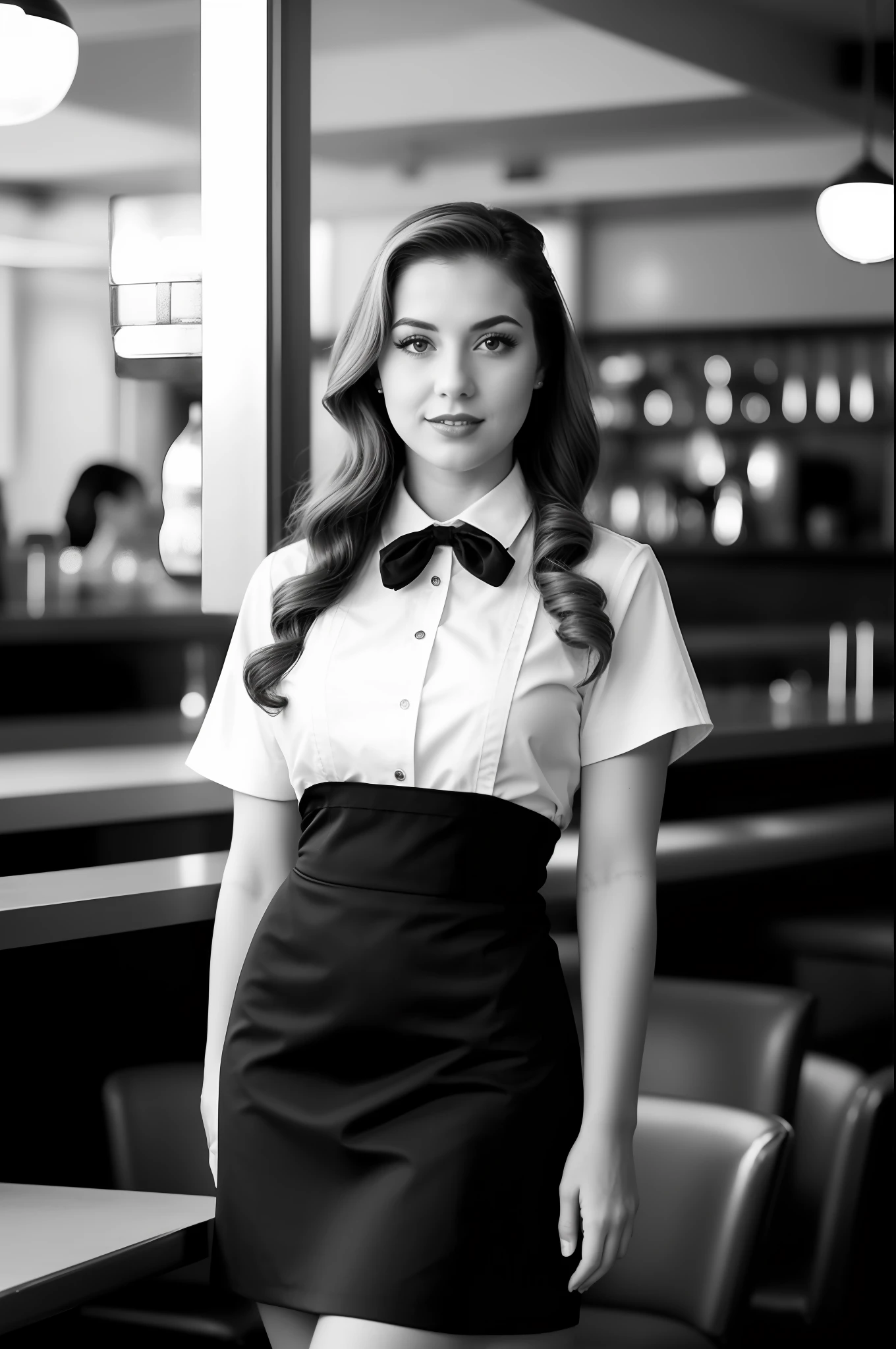 Detailed vintage diner with blond waitress serving customers, black and white theme, 1940s dress, detailed face, professional lighting, busy background, ((realistic)), camera blurr, sharp focus, single female, 1girl, solo female, short skirt, monochrome